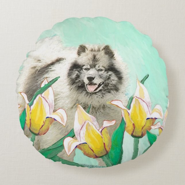 Almofada Redonda Keeshond em Tulips pintando lindas artes caninas o (Frente)