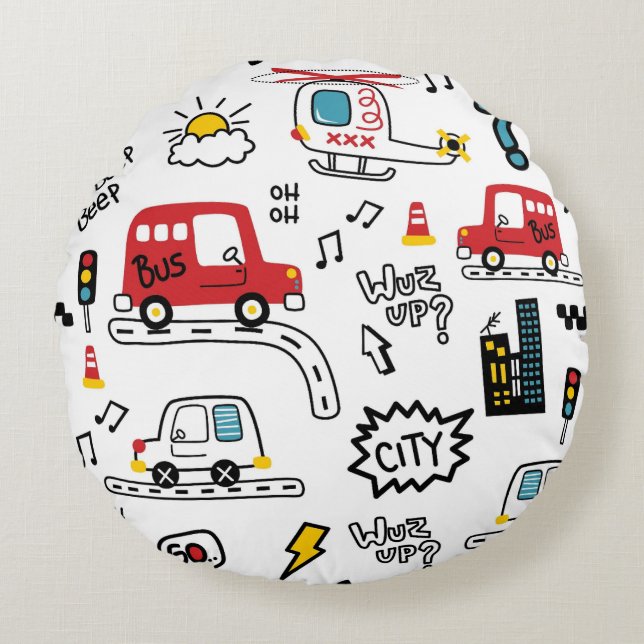 Almofada Redonda Kids Playful Transport Pattern  (Frente)