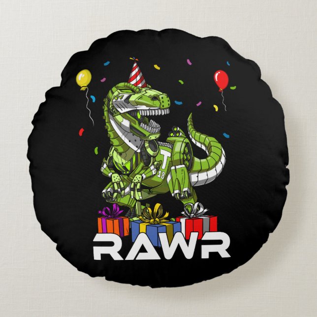 Almofada Redonda Kids T-Rex Dinossaur Robot Rawr Birthday Boy Party (Frente)