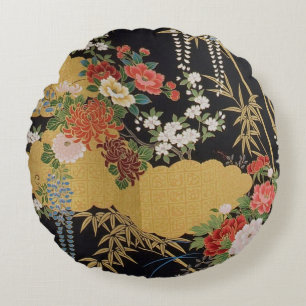 Almofada Redonda Kimono Floral Japonês Tradicional Preto e Dourado