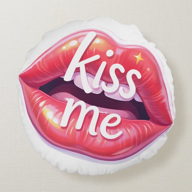 Almofada Redonda Kiss Me Glossy Red Lips Art Illustration (Verso)