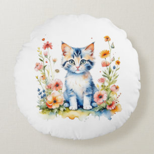 Almofada Redonda Kitten Personalizado e Flores Nome do Bebê