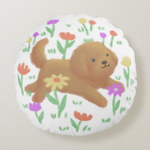 Almofada Redonda Labradoodle com Ilustração de Flores