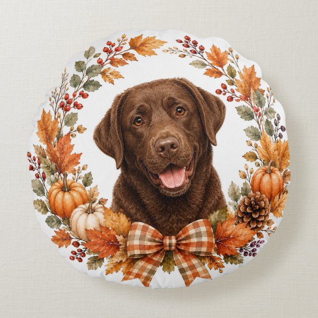 Almofada Redonda Labrador Chocolate Outono (Frente)