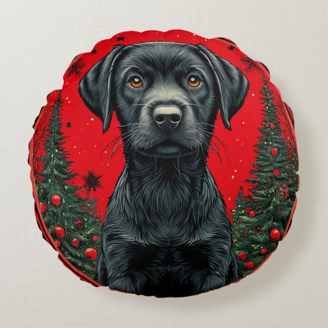 Almofada Redonda Labrador Preto de Natal com Árvores Festivas (Frente)