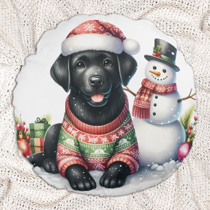 Almofada Redonda Labrador Retriever Dog Holiday Snowman Puppy