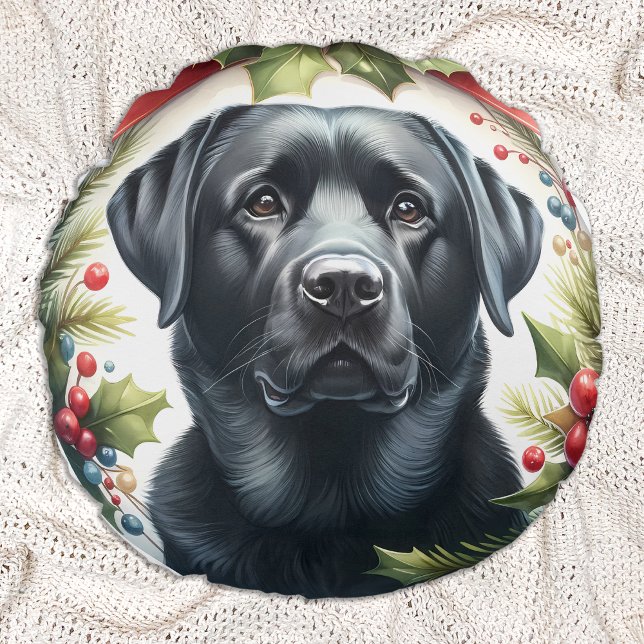 Almofada Redonda Labrador Retriever Holiday Wreath Christmas Dog (Criador carregado)