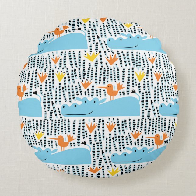 Almofada Redonda Lago Hippos Birds: Padrão Vintage. (Frente)