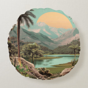 Almofada Redonda Lago Tropical Surreal com Palmeiras
