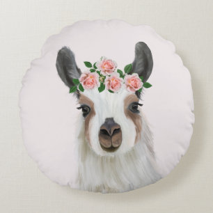 Almofada Redonda Lama Bonito Fluffy Com Coroa De Rosa