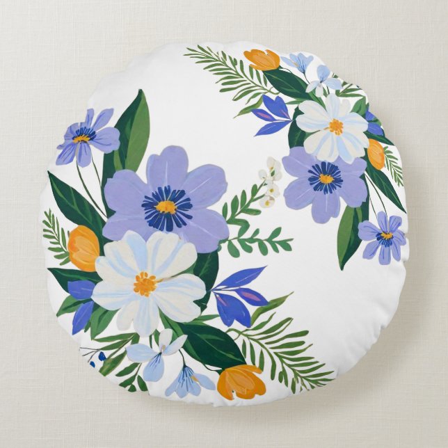 Almofada Redonda Laranja Buquê Roxo (Frente)