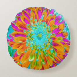 Almofada Redonda Laranja Tropical e Dália Rosa Quente