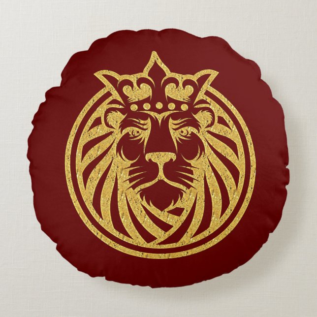 Almofada Redonda Leão com Coroa - Estilo Dourado 4 (Frente)