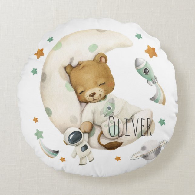 Almofada Redonda Leão espacial dormindo na lua (Frente)