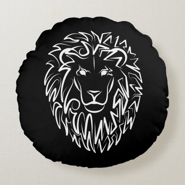 Almofada Redonda Leão Tribal Negro e Branco (Frente)
