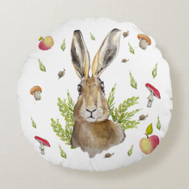 Almofada Redonda Lebre branca com fundo de maçãs e cogumelos