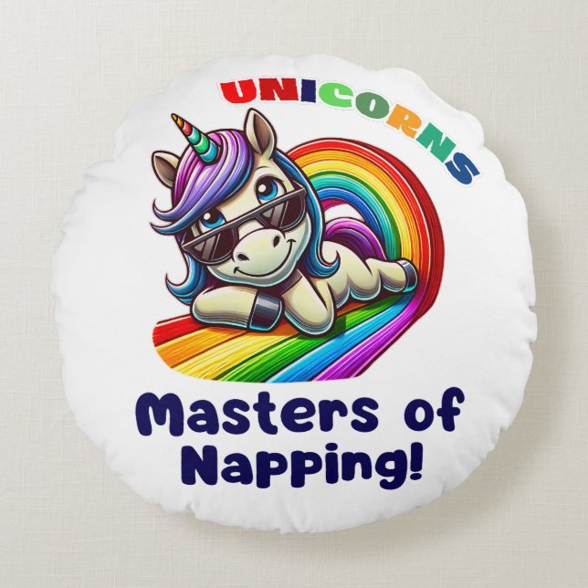 Almofada Redonda Legal Unicórnio relaxando com óculos de sol (Frente)