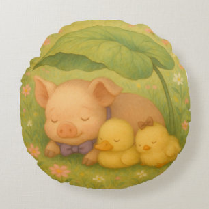 Almofada Redonda Leitão e Ducklings com Sono, Watercolor por Nata