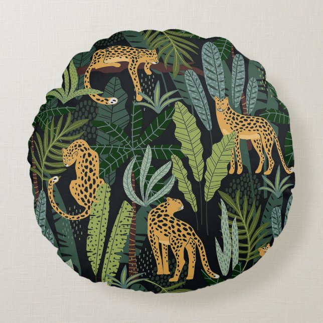 Almofada Redonda Leopard Jungle Forest Ilustration Art Sanguíneo (Frente)