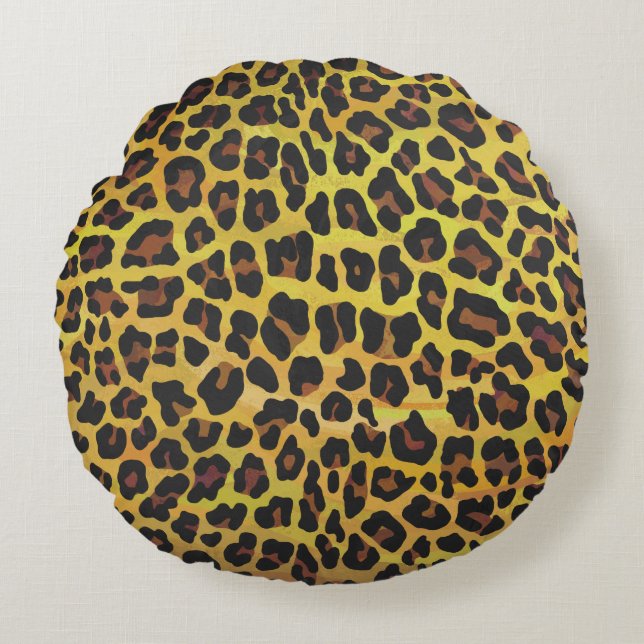 Almofada Redonda Leopardo Castanho e Impressão Amarelo (Frente)