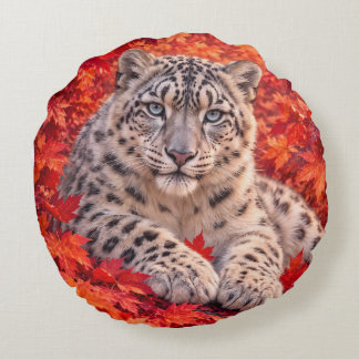 Almofada Redonda Leopardo-das-neves em Folhas de Bordo de Outono –