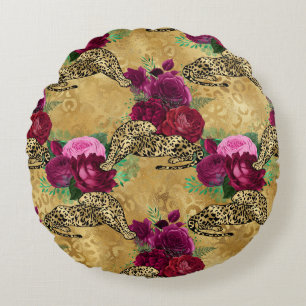 Almofada Redonda Leopardo Guepardo Rosa Vermelha Floral Padrão de F