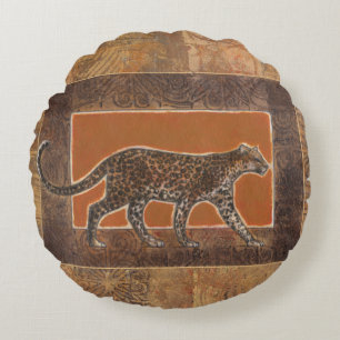 Almofada Redonda Leopardo sobre fundo laranja e castanho