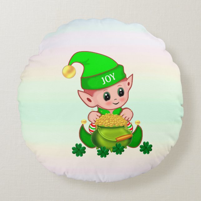 Almofada Redonda Leprechaun fofo, pote de ouro e trevos da sorte (Frente)