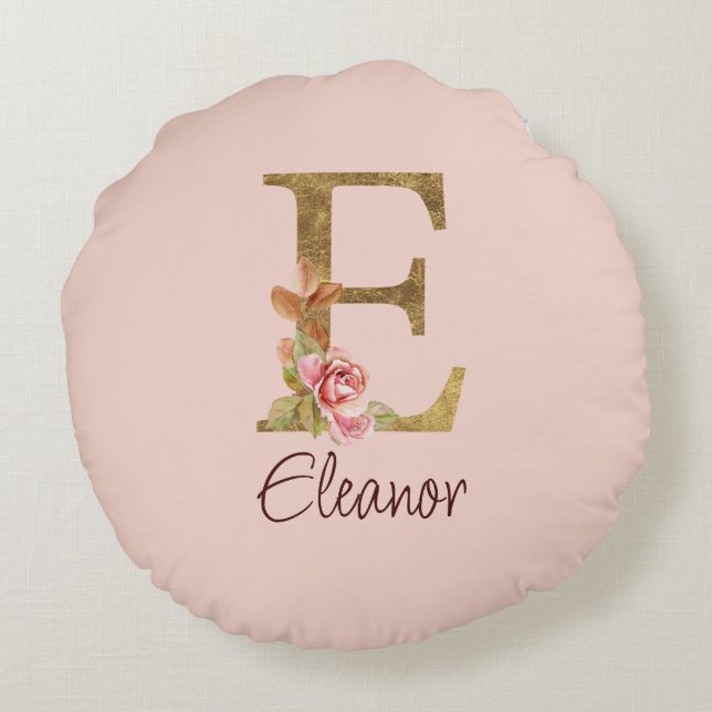 Almofada Redonda Letra de Nome Personalizado E Dourado com Rosas Ro (Verso)