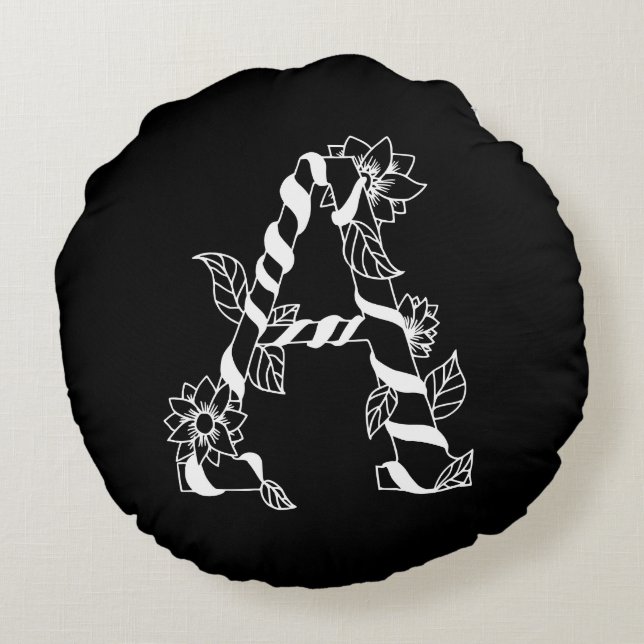 Almofada Redonda Letra negra e branca "A" com flores geminadas (Verso)