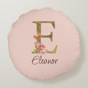 Almofada Redonda Letra Personalizada E Dourado Folha Rosa Bege Rosa
