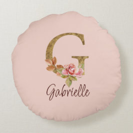 Almofada Redonda Letra Personalizada G Dourado Folha Rosa Cor-de-ro