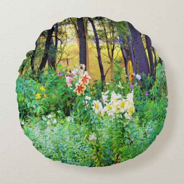 Almofada Redonda Levantamento do Sol Brilhante com Lírios de Árvore (Frente)