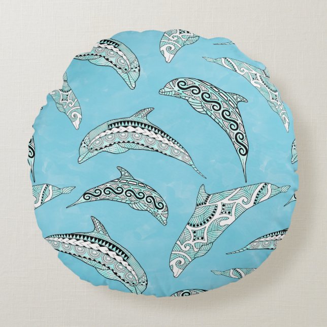 Almofada Redonda Light Blue Hawaiian Tribal Dolphins (Frente)