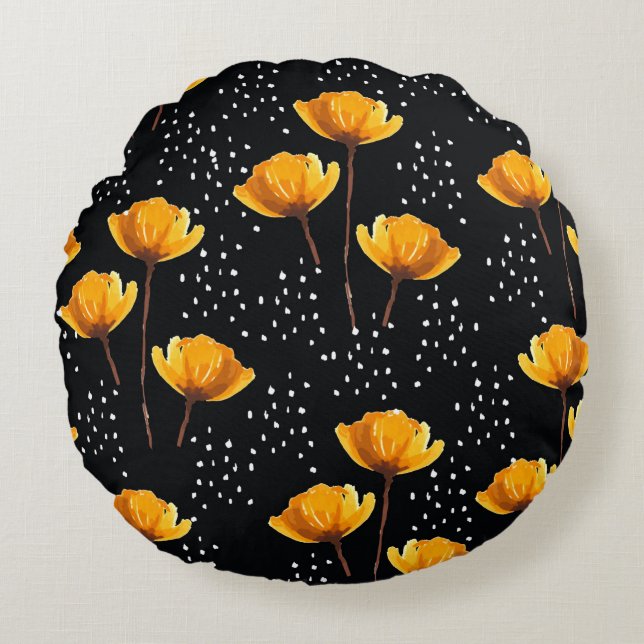 Almofada Redonda Linda ilustração de flores e bolinhas (Frente)