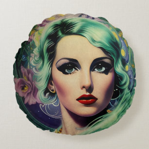 Almofada Redonda Linda Lavanda e Estilo Retro Verde Mulher Espacial