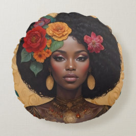 Almofada Redonda Linda Mulher Afro-Americana Com Flores