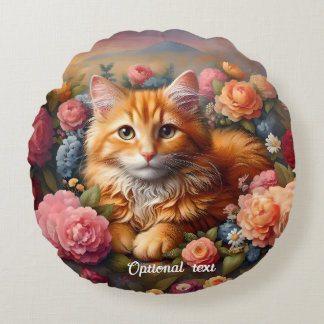 Almofada Redonda Linda Tabby Laranja Gato e Flores