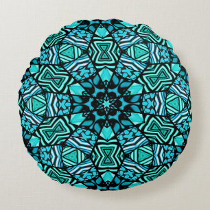 Almofada Redonda Linda Teal Aqua Turquoise Arte Étnica
