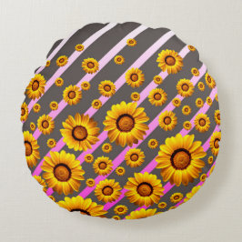 Almofada Redonda Lindas flores amarelas nas cinzas, faixas cor-de-r