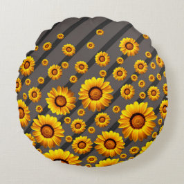 Almofada Redonda Lindas flores amarelas nas cinzas, faixas pretas