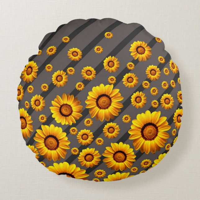 Almofada Redonda Lindas flores amarelas nas cinzas, faixas pretas (Frente)