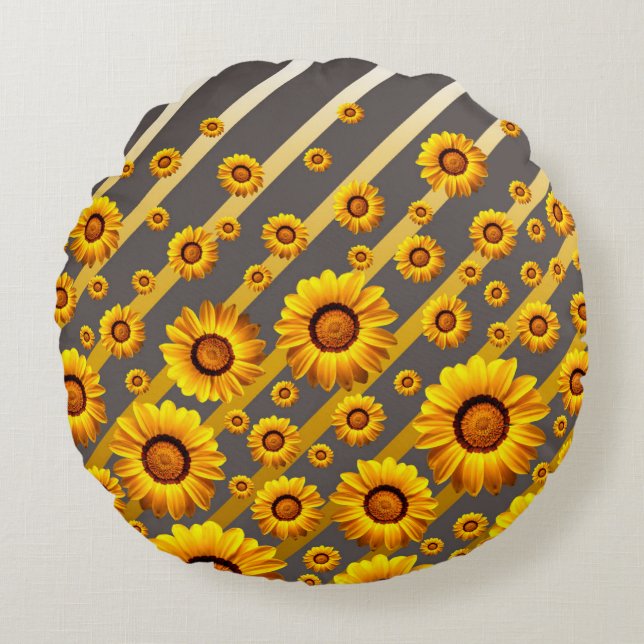 Almofada Redonda Lindas flores amarelas nas cinzas, listras de ouro (Frente)
