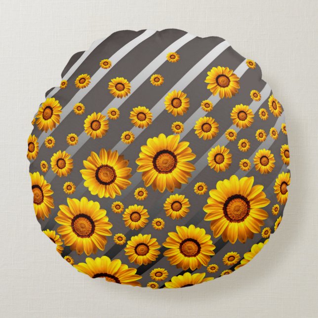 Almofada Redonda Lindas flores amarelas nas cinzas, listras pratead (Frente)
