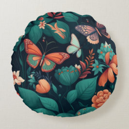 Almofada Redonda Lindas flores e borboletas na selva