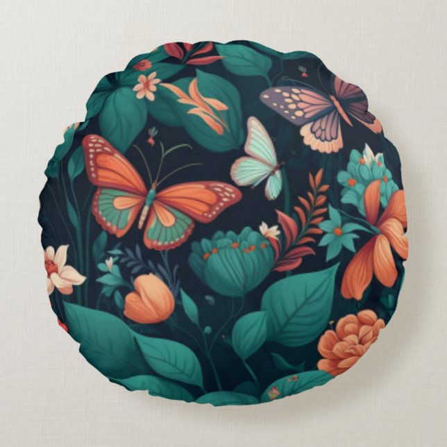 Almofada Redonda Lindas flores e borboletas na selva (Frente)