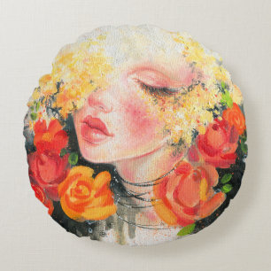 Almofada Redonda Lindas mulheres e flores em aquarela