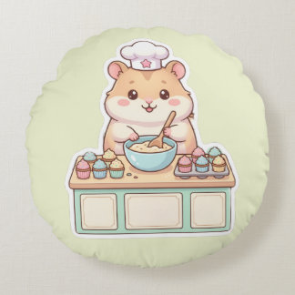 Almofada Redonda Lindo Hamster Kawaii Chef Assando Cupcakes Redondo