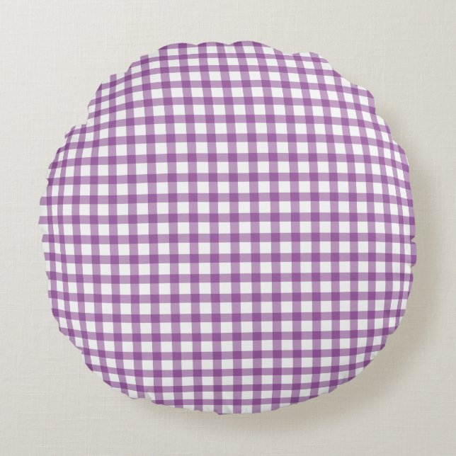 Almofada Redonda Lindo Padrão Xadrez Gingham Roxo Retro (Frente)