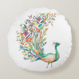 Almofada Redonda Lindo pavão verde em aquarela